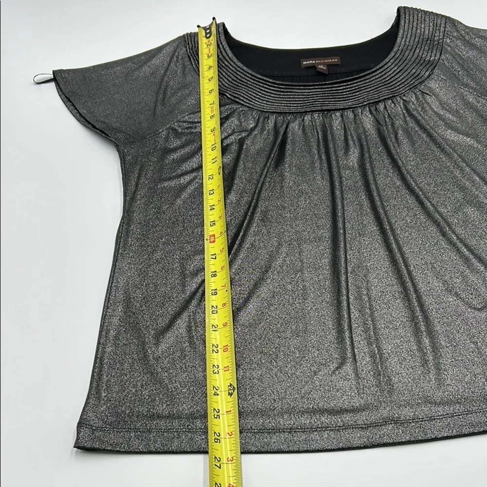 Dana Buchman Flutter Sleeve Blouse Large Gray Shimmer Pleated Nech Relaxed Fit